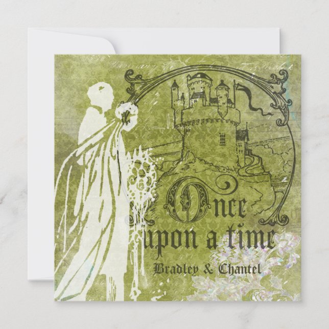 Green on Green Damask Once Upon a Time Invitation (Front)