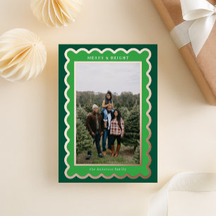 Green on Green Preppy Scallop Photo Frame Foil Holiday Card