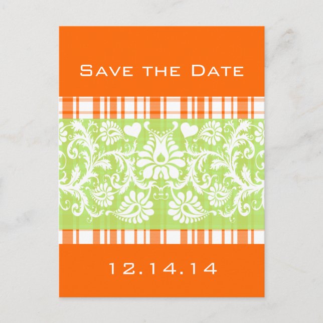 Green On Orange Plaid Topped Off with White Damask Announcement Postcard (Front)