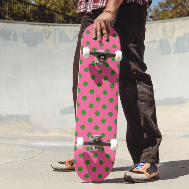 Green On Pink Polka Dots Pattern Design Skateboard (Creator Uploaded)