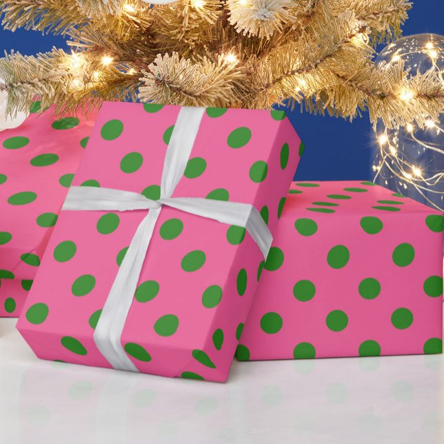 Green On Pink Polka Dots Pattern Design Wrapping Paper (Creator Uploaded)