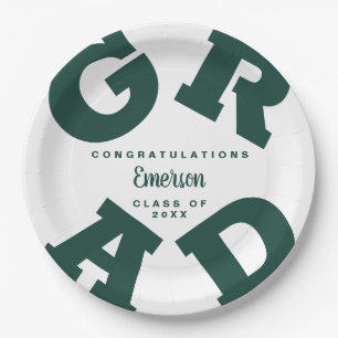 Green on White Personalised Graduation Party Paper Plate