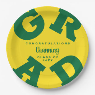 Green on Yellow Grad Text Graduation Paper Plate