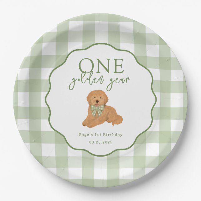 Green One Golden Year Goldendoodle 1st Birthday Paper Plate (Front)