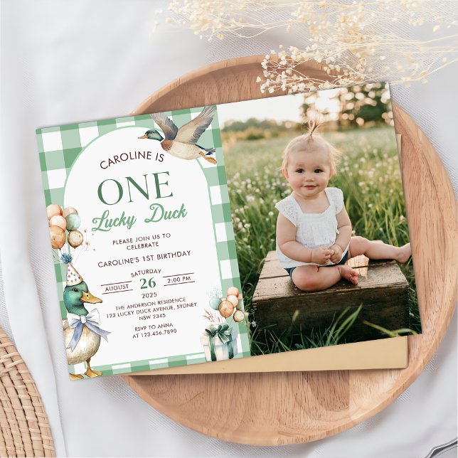 Green One Lucky Duck 1st Birthday Photo Invitation (Creator Uploaded)