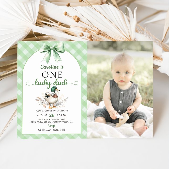 Green One Lucky Duck 1st Birthday Photo Invitation (Creator Uploaded)