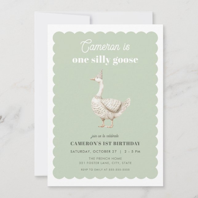 Green One Silly Goose 1st Birthday Invitation (Front)