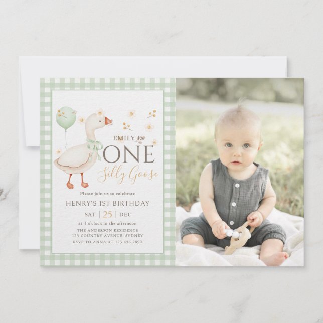 Green One Silly Goose 1st Birthday Photo Invitation (Front)