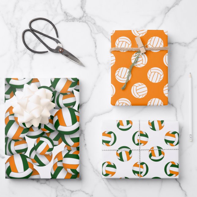 green orange 3 pc coordinating volleyball patterns wrapping paper sheet (Front)