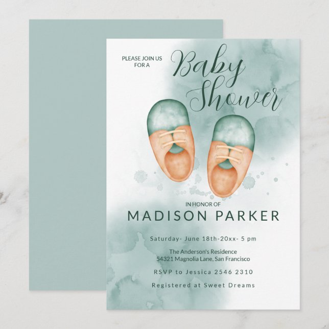 Green & Orange Baby Shoes  Invitation (Front/Back)