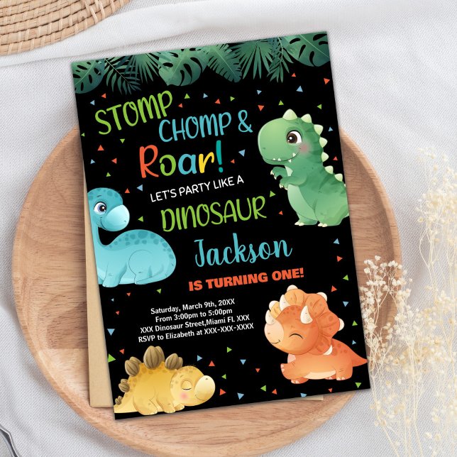 Green Orange Black Dinosaur Birthday Invitations (Green Orange Black Dinosaur Birthday Invitations)