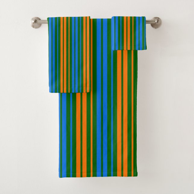 Green Orange Blue Vertical Stripes Design   Bath Towel Set (Insitu)