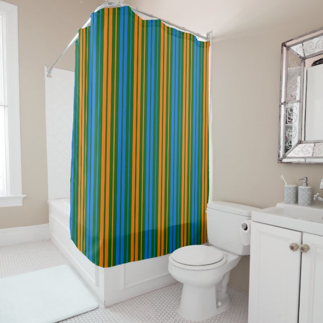 Green Orange Blue Vertical Stripes Design   Shower Curtain (In Situ)