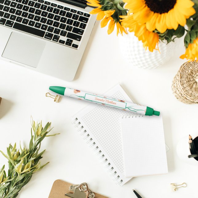 Green Orange Bohemian Floral Ditsy Monogrammed Blue Ink Pen (Creator Uploaded)