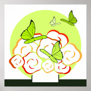 Green & Orange Bouquet & Butterflies Square  Poster