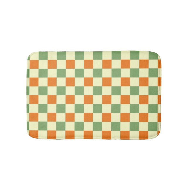 Green Orange Brown Chequered Gingham Pattern Bath Mat (Front)