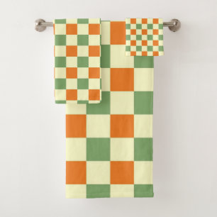 Green Orange Brown Chequered Gingham Pattern Bath Towel Set