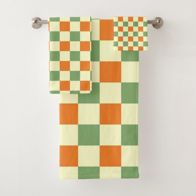 Green Orange Brown Chequered Gingham Pattern Bath Towel Set (Insitu)