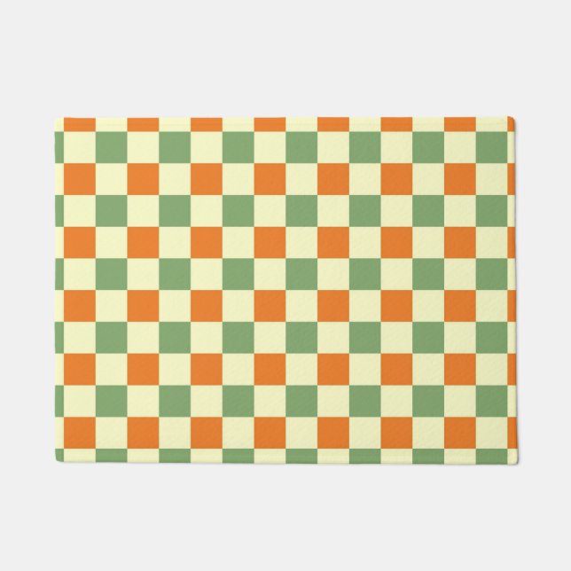 Green Orange Brown Chequered Gingham Pattern Doormat (Front)