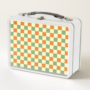 Green Orange Brown Chequered Gingham Pattern Metal Lunch Box
