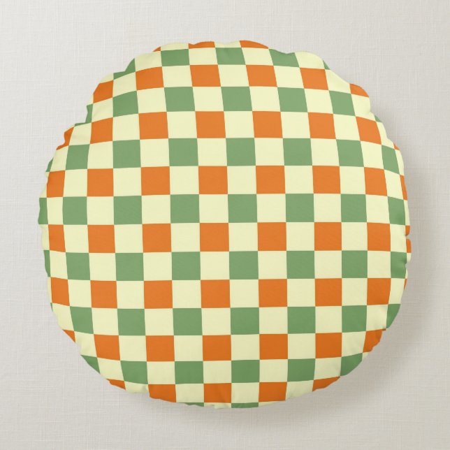 Green Orange Brown Chequered Gingham Pattern Round Cushion (Front)