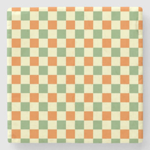 Green Orange Brown Chequered Gingham Pattern Stone Coaster