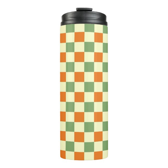 Green Orange Brown Chequered Gingham Pattern Thermal Tumbler (Front)