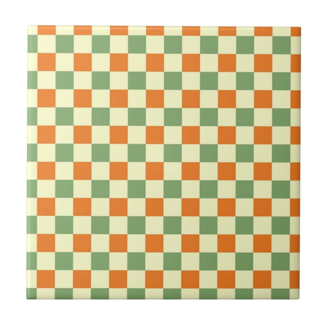 Green Orange Brown Chequered Gingham Pattern Tile (Front)