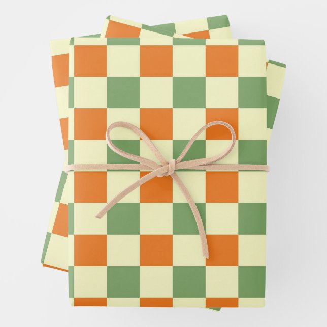 Green Orange Brown Chequered Gingham Pattern Wrapping Paper Sheet (In situ)