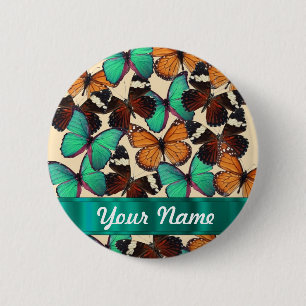 Green & orange butterflies 6 cm round badge