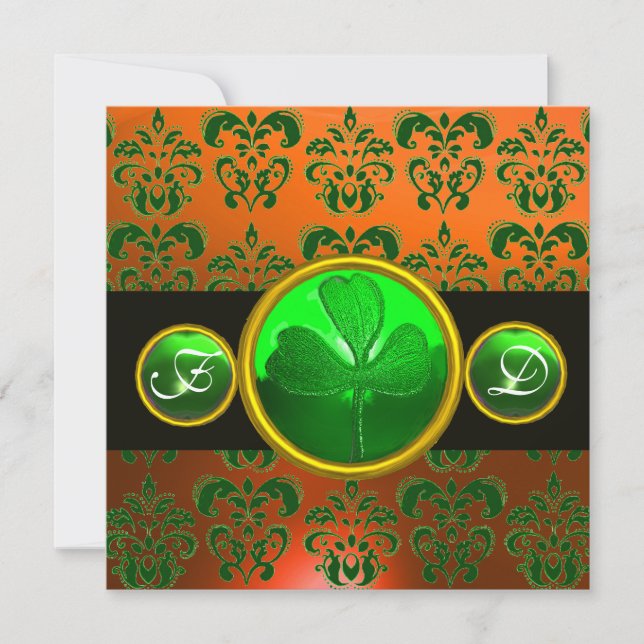 GREEN ORANGE DAMASK ,SHAMROCK MONOGRAM  black Invitation (Front)