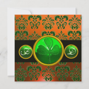 GREEN ORANGE DAMASK ,SHAMROCK MONOGRAM  black Invitation