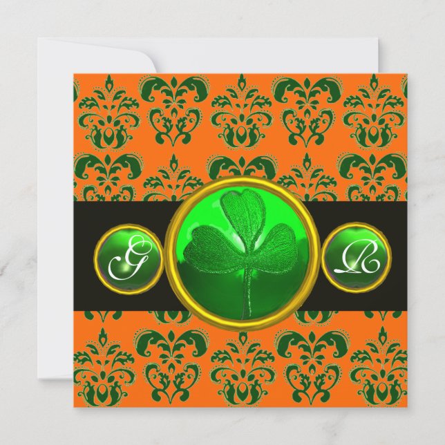 GREEN ORANGE DAMASK ,SHAMROCK MONOGRAM  black Invitation (Front)