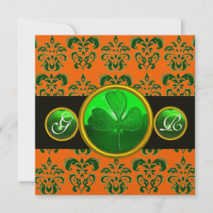 GREEN ORANGE DAMASK ,SHAMROCK MONOGRAM  black Invitation