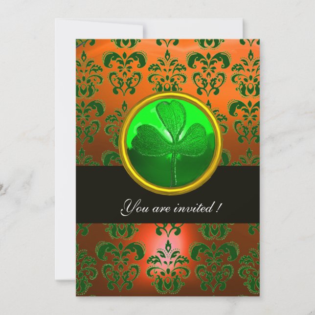GREEN  ORANGE DAMASK WITH SHAMROCK ,black Invitation (Front)