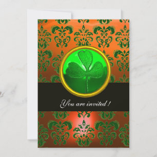 GREEN ORANGE DAMASK WITH SHAMROCK ,black Invitation