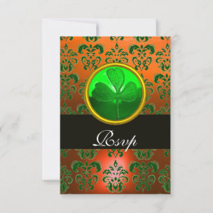 GREEN  ORANGE DAMASK WITH SHAMROCK ,RSVP black RSVP Card