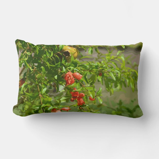 Green Orange Floral Design Tropical Pomegranate Lumbar Cushion (Front)