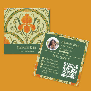 Green & Orange Floral Retro Feminine Square Business Card