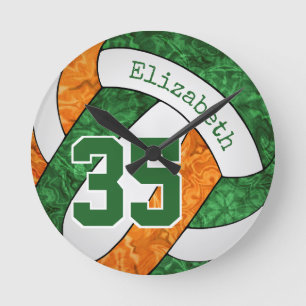 green orange girly volleyball room custom round clock