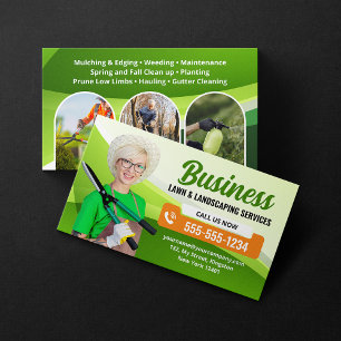 Green, Orange Landscaping Lawn Care Mowing Service Business Card