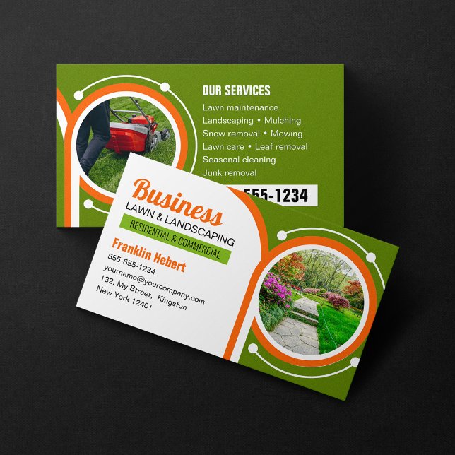 Green Orange Landscaping Mowing Lawn Maintenance Business Card (Creator Uploaded)