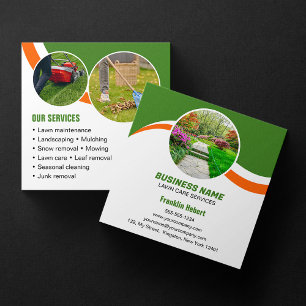 Green Orange Lawn Care Landscaping Mowing 3 Photo Square Business Card