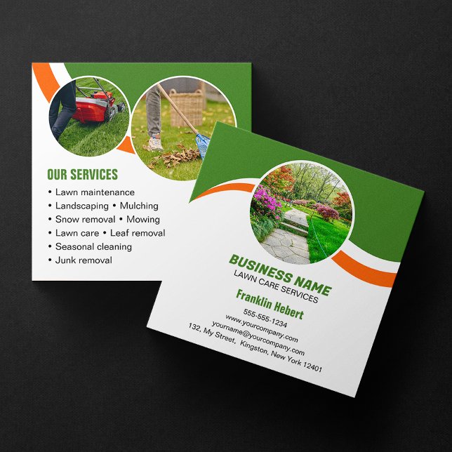 Green Orange Lawn Care Landscaping Mowing 3 Photo Square Business Card (Creator Uploaded)