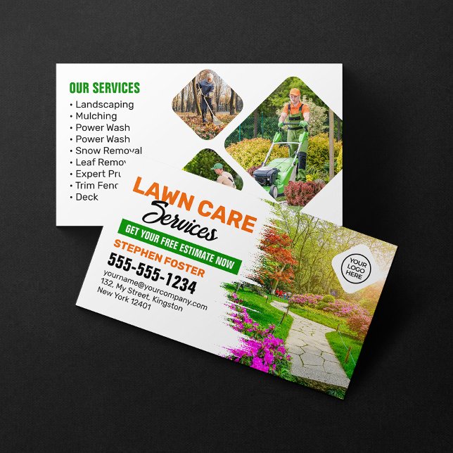 Green & Orange Lawn Care Landscaping Mowing Grass Business Card (Creator Uploaded)