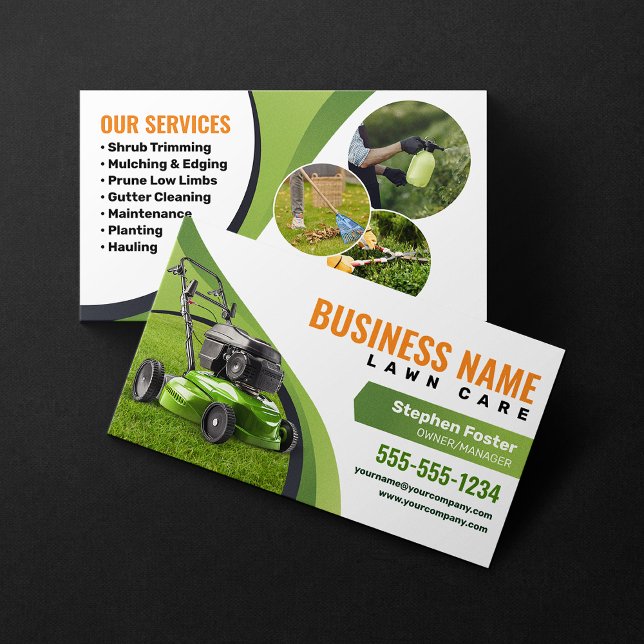 Green, Orange Lawn Care Landscaping Mowing Service Business Card (Creator Uploaded)
