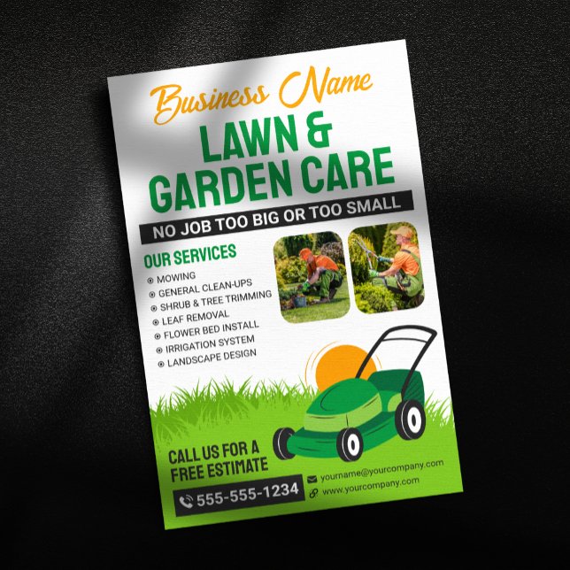 Green & Orange Lawn & Garden Care Mower Mulching Flyer (Creator Uploaded)