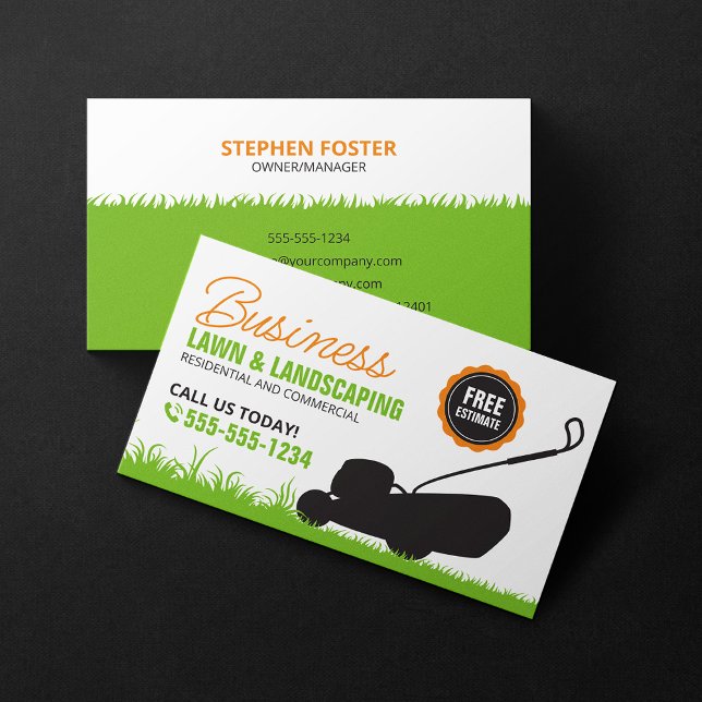 Green Orange Lawn Landscaping Service Lawncare Mow Business Card (Creator Uploaded)