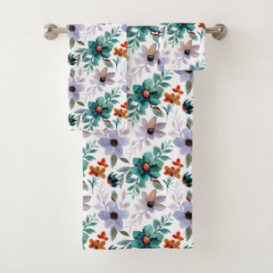 Green Orange Lilac Blush Floral Pattern Bath Towel Set