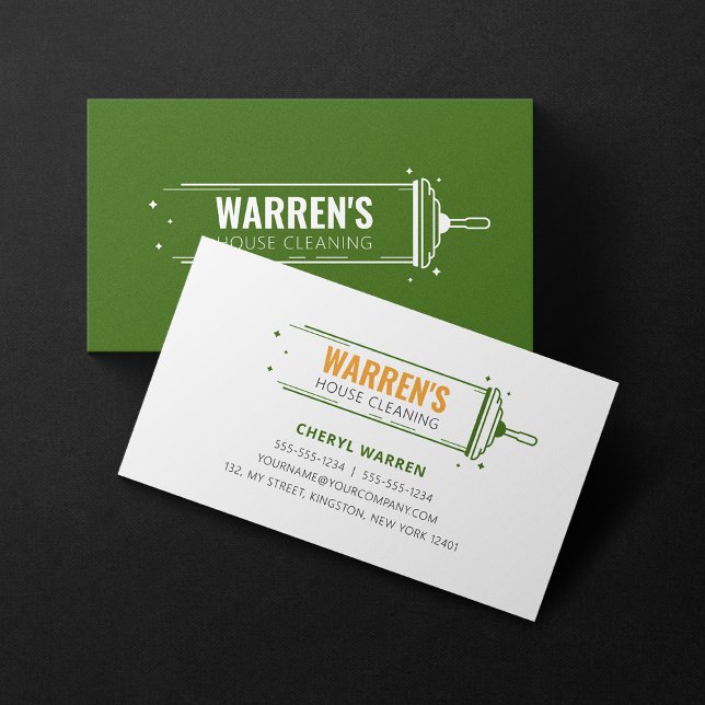 Green Orange Minimalist Housekeeper House Cleaning Business Card (Creator Uploaded)